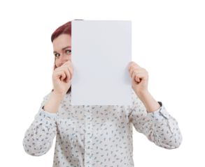 Businesswoman with a happy emotion, hiding face and peeking behind a white and blank paper sheet, isolated on transparent background