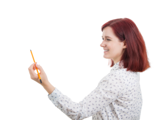 Young businesswoman holding a pencil in her hand, drawing from imagination. Education and communication conceptm portrait isolated on transparent background