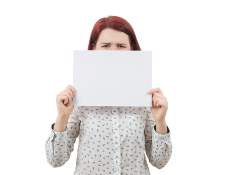 Sad young woman covering half face behind a white and blank paper sheet, trying to lie and hide the real emotion from society. Like a mask for hidden identity
