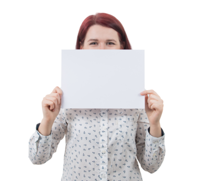 Businesswoman with a happy emotion, hiding face and peeking behind a white and blank paper sheet isolated on transparent background