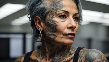 Portrait of a Stylish Tattooed Woman in a Modern Indoor Setting
