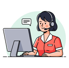 A customer service woman wears a headset typing on a computer under a message bubble