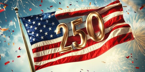 American Flag with 250 Text and Fireworks Celebration