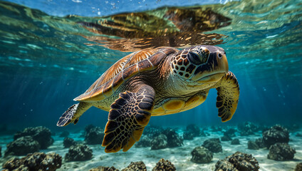 Fototapeta premium Hawaiian Green Sea Turtle (Chelonia mydas) swimming underwater. Created using generative AI tools