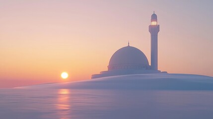 A mosque on a snow-covered hill at sunrise.