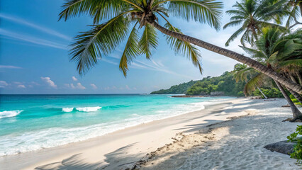Obraz premium Tropical beach with white sand, turquoise waves, and palm trees under a clear sky, perfect summer escape wallpaper