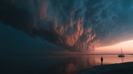Dramatic sunset sky over a tranquil shoreline with a towering storm cloud.