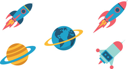 Flat Illustration of Rockets and Planets on a Black Backdrop, Space Exploration and Cosmic Adventure Graphics