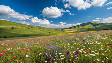 Colorful wildflower meadow under a bright blue sky with gentle rolling hills, springtime scenic background