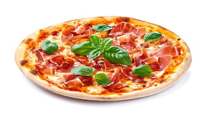 Delicious italian pizza with prosciutto and fresh basil on a white background