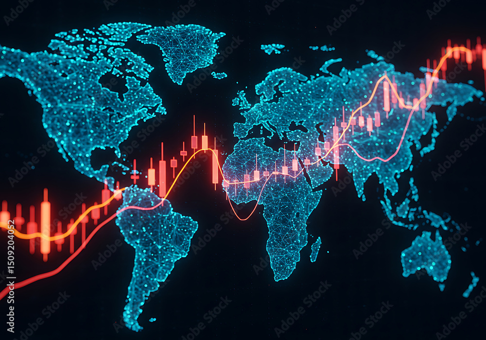 Poster global finance chart downturn world map digital plexus abstract visualization
