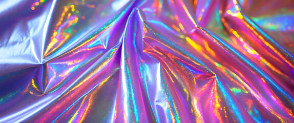 Vibrant Holographic Fabric Displaying Colorful and Reflective Surface Patterns