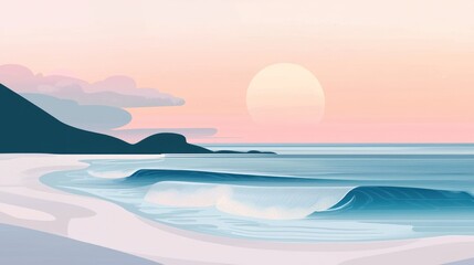 Pastel beach scene at sunrise.