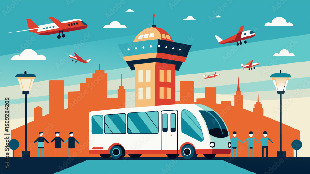 Poster a driverless shuttle bus zips through a busy intersection while above it a swarm of air taxis moves 