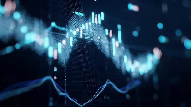 Abstract Blue Stock Market Data Visualization with Candle Stick Chart and Graph Lines on a Black Background in a Dark Cinematic Style