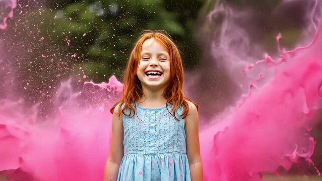 Child with pink splash, gender reveal excitement