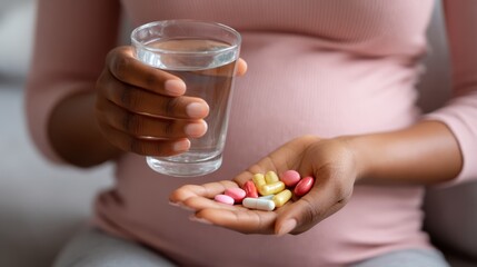 A woman in a pink shirt holds a glass of water in one hand and a selection of multicolored vitamins in the other. She appears focused on maintaining her health while pregnant