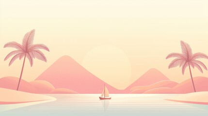 Pastel pink landscape with palm trees and a sailboat.