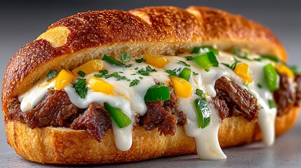 Delicious philly cheesesteak sandwich with melted cheese and fresh vegetables on a crusty roll