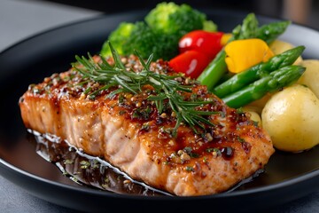 Glazed salmon fillet with rosemary sprig, served with colorful v