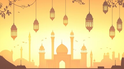 Silhouette cityscape of a mosque city at sunset with hanging lanterns.
