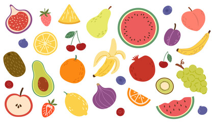 Vector set of fruits and berries. Collection of organic vitamins and healthy nutrition. Banana, strawberry, kiwi, apricot, orange. Hand drawn style, isolated white background.