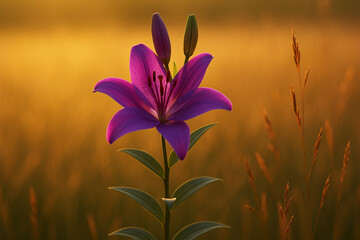 Stunning Purple Lily Flower in Golden Sunset Field – High Resolution Nature Photography for Floral, Botanical, and Natural Beauty Enthusiasts