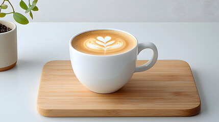Obraz premium White Cup of Latte Art Coffee on Wooden Tray