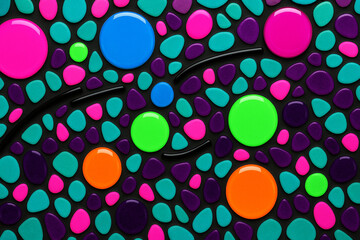 Vibrant Neon Mosaic Art Pattern with Glossy Pebbles and Circular Shapes on Black Background for Modern Digital Design Projects