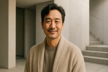 Obraz premium Candid Lifestyle Portrait of a Gentle and Stylish Chinese Man in His 40s Wearing a Chic Cardigan and Smiling Softly Against a Modern Minimalist Architectural Background