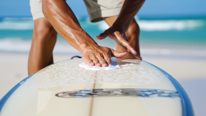 Pre-surf ritual: surfer's hands meticulously waxing surfboard for optimal grip on sunny tropical beach, ocean waves in background. Active summer sport lifestyle, adventure awaits