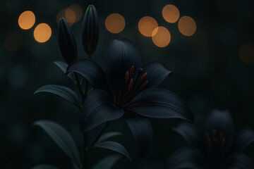 Stunning Black Lily Flower with Glowing Bokeh Lights in Dark Garden – High-Resolution Floral Macro Photography for Nature Art Prints