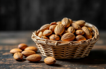 Decorous arrangement of almonds in a woven basket on a rustic wooden table showcasing natural textures and colors