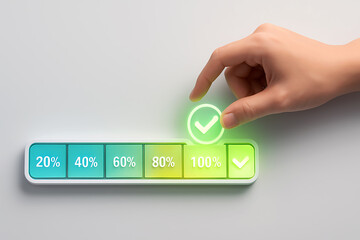 Hand placing 100 percent completion icon on glowing progress bar with five colorful percentage steps