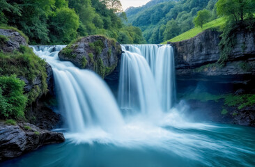 Majestic waterfall cascades through lush greenery in a serene natural setting during daylight hours