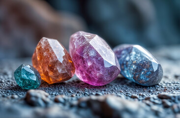 Colorful gemstones arranged on textured surface showcasing natural beauty in bright sunlight during daytime