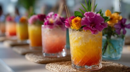 Guests enjoy a variety of tropical cocktails decorated with fresh flowers at a beach bar, creating a festive and inviting ambiance as the sun sets on the horizon
