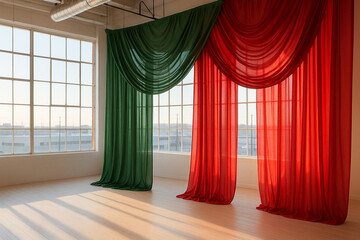 Modern Industrial Loft Interior with Large Windows and Green Red Sheer Drapes in Sunlit Minimalist Studio Room Space