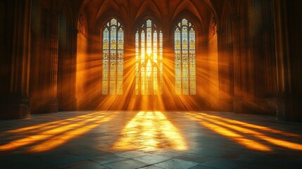 Cathedral sunrise, stained glass, light rays, interior, spiritual
