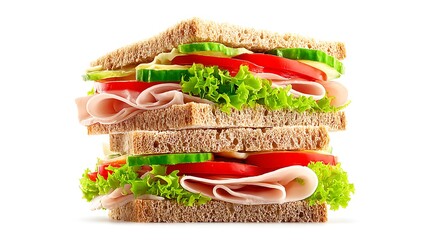 Delicious stacked club sandwich with turkey tomato cucumber and fresh lettuce isolated