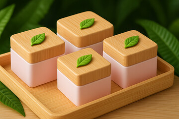 Elegant Baby Pink Square Cosmetic Jars with Wooden Lids on Bamboo Tray for Natural Skincare Packaging and Beauty Product Display