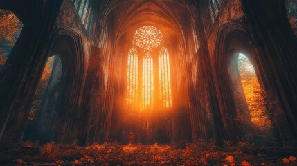 Fototapeta premium Autumn sunlight through gothic church ruins