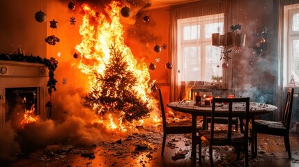 Burning Christmas tree in living room, fire safety