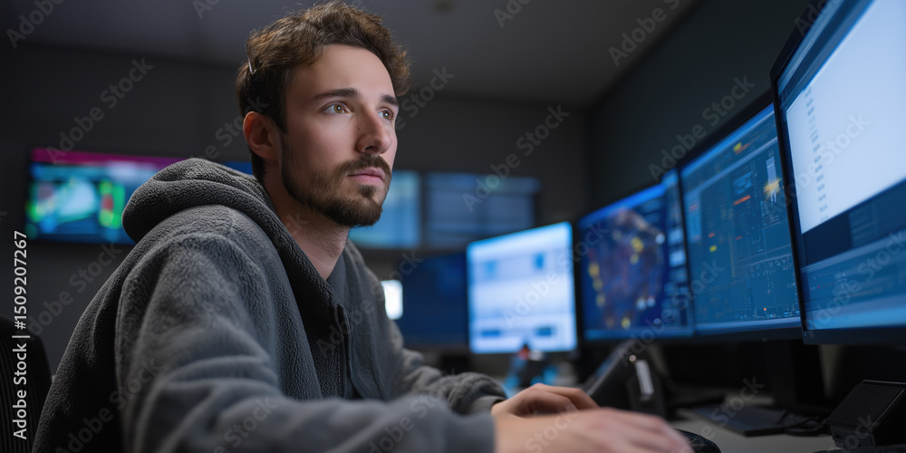 Aufkleber a man is sitting in front of a computer with a serious expression on his face. he is wearing a gray 