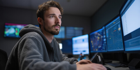 A man is sitting in front of a computer with a serious expression on his face. He is wearing a gray hoodie and he is focused on his work