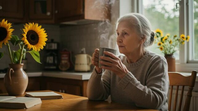 Contemplative elderly woman drinking tea in sunny kitchen backdrop