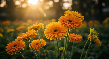 Golden Hour Gerbera Meadow Bright Orange Daisies Bask in Sunlight Nature s Beauty and Summer Warmth