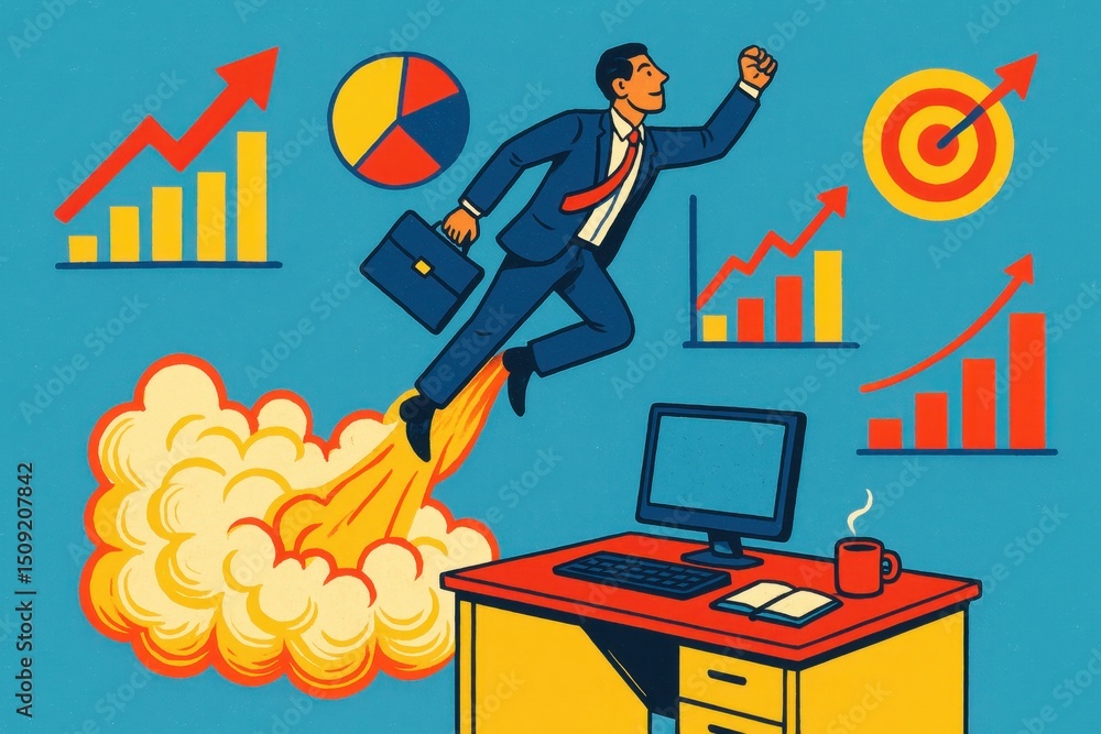 Poster dynamic image of a businessman in a suit blasting off from an office desk like a rocket surrounded b
