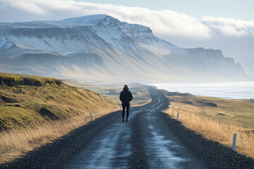 A traveler standing at the edge of a long road silhouette