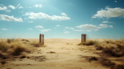 A wooden gate in a desolate landscape under a vibrant sky.